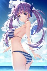 Rule 34 | 1girl, ass, bad anatomy, bare arms, bare shoulders, bikini, blue hair, blue ribbon, blue sky, blush, braid, breasts, closed mouth, cloud, cloudy sky, colored inner hair, commentary request, day, hair ribbon, highres, hololive, horizon, kine-c, large breasts, long hair, looking at viewer, looking to the side, minato aqua, minato aqua (hololive summer 2019), multicolored hair, ocean, outdoors, purple eyes, purple hair, ribbon, sidelocks, sky, solo, striped bikini, striped clothes, swimsuit, twintails, two-tone hair, very long hair, virtual youtuber, water