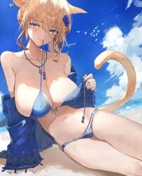 Rule 34 | absurdres, animal ears, bare shoulders, bikini, bikini pull, blonde hair, blue bikini, blue flower, blush, breasts, cat ears, cat girl, cat tail, cleavage, clothes pull, collarbone, final fantasy, final fantasy xiv, flower, hair between eyes, hair flower, hair ornament, highres, holding, holding clothes, holding swimsuit, jewelry, large breasts, leaning on self, looking at viewer, lying, miqo&#039;te, navel, necklace, shikina (mochigushi ), swimsuit, tail, warrior of light (ff14), wet, wet clothes, wet hair