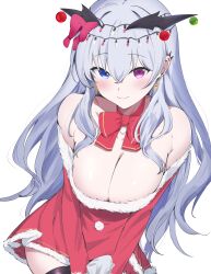 Rule 34 | 1girl, absurdres, bare shoulders, blue eyes, blush, bow, bowtie, breasts, christmas, cleavage, closed mouth, commentary request, grey hair, heterochromia, highres, large breasts, long hair, long sleeves, looking at viewer, mattyazuki, neo-porte, purple eyes, red bow, red bowtie, santa costume, smile, solo, tentei forte, thighs, virtual youtuber