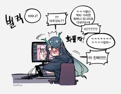 Rule 34 | 1girl, ^^^, arknights, artist name, black hair, black hoodie, blush, casual, caught, chair, commentary request, computer, desk, dragon horns, drawing, drawing tablet, dusk (arknights), embarrassed, from behind, gradient hair, green hair, green horns, grey background, heart, highres, hood, hoodie, horns, keyboard (computer), korean commentary, korean text, long hair, looking back, monitor, motion lines, multicolored hair, neonfloyd, office chair, open mouth, pointy ears, pornography, red eyes, simple background, solo, sound effects, speech bubble, streaked hair, sweat, nervous sweating, swivel chair, tareme, teeth, translation request, turning head, unusual pupils, upper teeth only, watermark