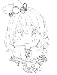 Rule 34 | 1girl, :3, arknights, blush, closed mouth, cropped torso, greyscale, hair between eyes, hair bobbles, hair ornament, high collar, jacket, kirara (arknights), looking at viewer, monochrome, portrait, simple background, sketch, smile, solo, tetuw, white background