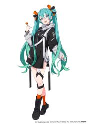 1girl aqua_eyes aqua_hair asymmetrical_footwear black_choker black_footwear blush bracelet candy choker commentary crypton_future_media figure_available food full_body gradient_hair grey_hoodie hair_between_eyes hatsune_miku highres holding holding_candy holding_food holding_lollipop hood hoodie jewelry layered_sleeves lollipop long_hair long_sleeves looking_at_viewer merchandise_available mismatched_footwear multicolored_hair official_art open_mouth orange_socks piapro popman3580 short_over_long_sleeves short_sleeves simple_background sleeves_past_wrists socks solo studded_bracelet studded_choker teeth thigh_strap twintails upper_teeth_only very_long_hair vocaloid white_background