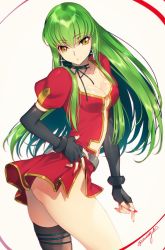 Rule 34 | 1girl, ass, black gloves, breasts, c.c., cleavage, code geass, cosmetics, cosplay, creayus, dress, earrings, eclair (kiddy grade), eclair (kiddy grade) (cosplay), elbow gloves, fingerless gloves, from side, gloves, green hair, hand on own hip, jewelry, kiddy grade, lipstick tube, long hair, nail polish, navel, red nails, simple background, single thighhigh, solo, thighhighs, twitter username, white background, yellow eyes