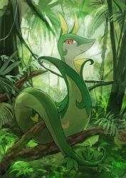 Rule 34 | absurdres, animal focus, bush, closed mouth, creatures (company), day, day walker1117, fern, full body, game freak, gen 5 pokemon, grass, green theme, happy, highres, jungle, looking at viewer, nature, nintendo, no humans, outdoors, pokemon, pokemon (creature), red eyes, serperior, smile, snake, solo, tree