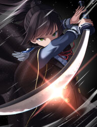 Rule 34 | 1girl, absurdres, black coat, black hair, blue shirt, coat, covered mouth, epaulettes, green eyes, heaven burns red, highres, holding, holding sword, holding weapon, incoming attack, katana, kepekki kanojo, long hair, long sleeves, looking at viewer, motion lines, natsume inori, neck ribbon, ponytail, red ribbon, ribbon, shirt, solo, sword, upper body, weapon