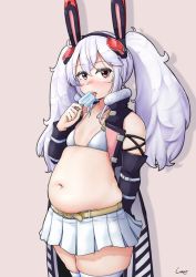 Rule 34 | 1girl, animal ears, azur lane, bare shoulders, blush, breasts, commentary request, commission, dot nose, fake animal ears, food, fur trim, hair between eyes, hairband, highres, holding, holding food, laffey (azur lane), laffey (retrofit) (azur lane), licking, light purple hair, long hair, looking at viewer, muffin top, navel, pleated skirt, plump, popsicle, rabbit ears, red eyes, shadow, shigekikkusu, sidelocks, signature, simple background, skeb commission, skirt, small breasts, solo, thick thighs, thighhighs, thighs, tongue, tongue out, twintails, zettai ryouiki