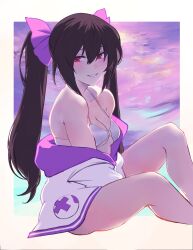 Rule 34 | 1girl, absurdres, ass, bikini, black hair, blush, border, borrowed clothes, breasts, choujigen game neptune, cleavage, cloud, commentary, english commentary, feet out of frame, from side, hair between eyes, highres, implied yuri, jacket, knees up, long hair, looking to the side, medium breasts, mixed-language commentary, neptune (series), noel (pixiv5459099), noire (neptunia), off shoulder, open clothes, open jacket, purple sky, red eyes, sitting, sky, smile, solo, swimsuit, thighs, twintails, underboob, white bikini, white border