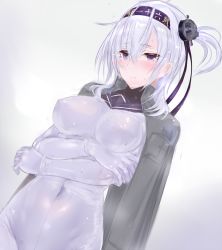 Rule 34 | 1girl, adapted costume, blush, bodysuit, breasts, closed mouth, covered navel, crossed arms, dutch angle, covered erect nipples, grey jacket, hair ornament, headband, jacket, jacket on shoulders, kantai collection, large breasts, looking at viewer, medium hair, purple eyes, sailor collar, see-through, side ponytail, silver hair, skin tight, solo, suzutsuki (kancolle), uni96 (uknee96), white bodysuit