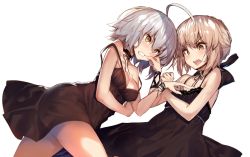 Rule 34 | 2girls, ahoge, akieda, artoria pendragon (all), artoria pendragon (fate), bare shoulders, blank eyes, breasts, brown hair, cheek pinching, chemise, choker, cleavage, clenched teeth, dutch angle, fate/grand order, fate (series), flat chest, hair between eyes, jeanne d&#039;arc (fate), jeanne d&#039;arc alter (avenger) (fate), jeanne d&#039;arc alter (fate), medium breasts, multiple girls, open mouth, pinching, pointing, ribbon, ribbon choker, saber alter, short hair, silver hair, simple background, strap slip, tears, teeth, underwear, underwear only, v-shaped eyebrows, white background, wrist ribbon, yellow eyes
