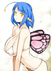 Rule 34 | 1girl, ahoge, bare arms, bare shoulders, bikini, blue hair, blush, breast press, breasts, cowboy shot, fairy, fairy wings, from side, halterneck, huge breasts, leaning forward, looking at viewer, navel, original, pen (pen3), pointy ears, short hair, simple background, solo, standing, swimsuit, white bikini, wings, yellow eyes