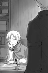 Rule 34 | 1boy, 1girl, ayakura juu, bruise, bruise on face, cape, craft lawrence, eve bolan, feathers, greyscale, head rest, indoors, injury, monochrome, monochrome, novel illustration, official art, paper, parted lips, sitting, smile, spice and wolf, standing, upper body