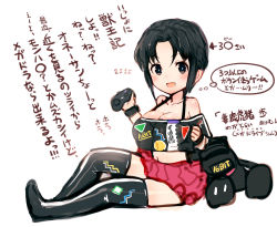 Rule 34 | 1girl, bare shoulders, black eyes, black hair, blush, breasts, controller, game console, game controller, highres, large breasts, looking at viewer, midriff, navel, open mouth, rondo bell, sega, sega mega drive, sitting, solo, thighhighs, translation request, white background