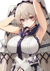 Rule 34 | 1girl, armpits, arms up, azur lane, bare shoulders, black choker, black neckerchief, black sailor collar, blush, bow, breasts, catsmoon, chinese commentary, choker, closed mouth, clothing cutout, collarbone, commentary request, dress, dress bow, earrings, feather dress, formidable (azur lane), formidable (timeless classics) (azur lane), grey hair, hair between eyes, hair ornament, hair ribbon, highres, jewelry, large breasts, long hair, looking at viewer, navel, navel cutout, neckerchief, official alternate costume, red eyes, ribbon, sailor collar, simple background, sleeveless, sleeveless dress, smile, solo, standing, stud earrings, twintails, two-tone ribbon, upper body, veil, very long hair, white background, white dress