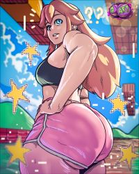 Rule 34 | 1girl, ?, alternate costume, ass, blonde hair, blue eyes, breasts, d-art, dolphin shorts, from side, hand on own hip, highres, huge ass, long hair, mario (series), medium breasts, nintendo, parted lips, pink shirt, princess peach, shirt, short shorts, shorts, sky, solo, sports bra, star (symbol), super mario bros. 1, thick thighs, thighs