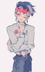 Rule 34 | 1boy, ;d, belt, black hair, earrings, hand on own chin, head tilt, headband, jewelry, jojo no kimyou na bouken, kishibe rohan, long sleeves, looking at viewer, male focus, necktie, one eye closed, open mouth, parted lips, pikaro, pocket, red eyes, simple background, smile, solo, standing