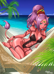 Rule 34 | 1girl, barefoot, beach, blue eyes, breasts, cleavage, colored skin, day, dragon quest, dragon quest x, earrings, full body, hammock, headpiece, high ponytail, horns, jewelry, large breasts, long hair, looking at viewer, luchenda (dq10), ocean, ogre (dq10), outdoors, pointy ears, purple hair, red eyes, red skin, solo, spikes, swimsuit, tail, tattoo, ur (wulfa)