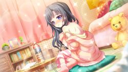 Rule 34 | 1girl, back, bare shoulders, bed, bedroom, black hair, blue eyes, blurry, blurry foreground, blush, book, bottle, cactus, curtains, cushion, dot nose, double strap slip, dutch angle, fever, film grain, from behind, fuzzy clothes, fuzzy footwear, game cg, hair down, indoors, itsumura yukari, izumi tsubasu, lens flare, long hair, long sleeves, looking back, medicine, mirror, non-web source, off shoulder, official art, on floor, pajamas, pants, parted lips, pillow, pink footwear, plaid, plaid pillow, plant, polka dot, polka dot pillow, potted plant, re:stage!, shoulder blades, sick, solo, sparkle, striped clothes, striped pants, stuffed animal, stuffed toy, table, teddy bear, trash can, water bottle, wooden table, zabuton