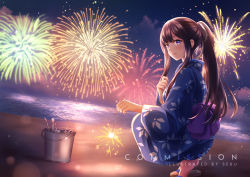 Rule 34 | 1girl, artist name, barefoot, beach, blue eyes, blue kimono, brown hair, bucket, clenched hand, cloud, cloudy sky, commentary, commentary request, commission, english text, eye reflection, eyebrows, festival, fireworks, geta, hair over shoulder, highres, holding, holding fireworks, holding sparkler, japanese clothes, kimono, long hair, long sleeves, looking at viewer, night, night sky, obi, ocean, open mouth, original, partial commentary, ponytail, reflection, ribbon, sash, scenery, sebu illust, senkou hanabi, sidelocks, sky, smile, solo, sparkler, squatting, very long hair, white ribbon, wide sleeves, yukata