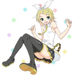 Rule 34 | bare shoulders, black skirt, black thighhighs, blonde hair, boots, bow, commentary, full body, hair bow, hair ornament, hairclip, hands up, kagamine rin, knees together feet apart, knees up, looking at viewer, miniskirt, necktie, open mouth, pleated skirt, shirt, short hair, shoulder tattoo, sitting, skirt, sleeveless, sleeveless shirt, smile, solo, soukun s, swept bangs, tattoo, thigh boots, thighhighs, vocaloid, lat model (mikumikudance), white background, white bow, white shirt, yellow necktie