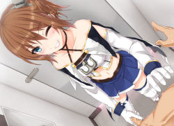 Rule 34 | 1boy, 1girl, anchor, azur lane, bare shoulders, blue eyes, brown hair, clothed female nude male, cubicle, cum, cum on body, cum on clothes, cum on lower body, detached sleeves, dutch angle, gloved handjob, gloves, grin, handjob, hat, hetero, indoors, looking at viewer, midriff, mini hat, nm (tshell2761), nude, one eye closed, open mouth, penis, pleated skirt, pov, repulse (azur lane), short hair, skirt, small penis, smile, solo focus, thighhighs, white gloves
