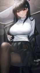 Rule 34 | 1girl, absurdres, black hair, black jacket, black pantyhose, black skirt, blue archive, blush, breasts, crossed legs, feet out of frame, habetto (jvzt7737), halo, highres, holding, holding tablet pc, indoors, jacket, jacket partially removed, large breasts, looking at viewer, pantyhose, red eyes, rio (blue archive), sitting, skirt, solo, sweater, tablet pc, white sweater