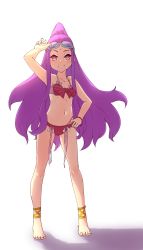 Rule 34 | 1girl, ankle ribbon, backlighting, bare shoulders, bikini, blush, breasts, closed mouth, collarbone, facial mark, fate/grand order, fate (series), forehead, forehead mark, full body, goggles, goggles on head, hand on own hip, highres, leg ribbon, legs, long hair, looking at viewer, navel, niwaikanai, parted bangs, ponytail, purple bikini, purple eyes, purple hair, ribbon, sidelocks, simple background, small breasts, smile, swimsuit, very long hair, wu zetian (fate), yellow ribbon