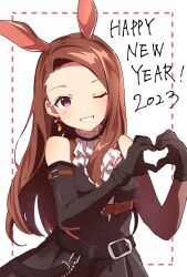 Rule 34 | 1girl, 2023, animal ears, ascot, belt, black belt, black dress, black gloves, black sleeves, blush, breasts, brown belt, brown hair, chest belt, commentary, detached sleeves, dot nose, dotted line, dress, earrings, fake animal ears, gloves, hands up, happy new year, heart, heart hands, highres, idolmaster, idolmaster (classic), idolmaster million live!, idolmaster million live! theater days, jewelry, long hair, looking at viewer, maa (io 215), minase iori, new year, one eye closed, open mouth, rabbit earrings, rabbit ears, red eyes, sleeveless, sleeveless dress, small breasts, smile, solo, upper body, white ascot, white background