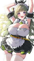 Rule 34 | 1girl, absurdres, antenna hair, apron, arms up, ascot, bare shoulders, black dress, blush, breast strap, breasts, cleavage, dress, goddess of victory: nikke, green ascot, green hair, highres, huge breasts, long hair, looking at viewer, maid apron, mikan (chipstar182), open mouth, purple eyes, short dress, smile, soda (nikke), solo, thighhighs, two-tone gloves, white thighhighs