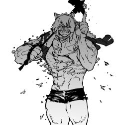 Rule 34 | 1girl, arknights, brass knuckles, cowboy shot, escanor, facial hair, greyscale, grin, hand up, highres, holding, holding weapon, index finger raised, looking at viewer, manly, monochrome, mustache, nanatsu no taizai, over shoulder, parody, shirt, short shorts, shorts, siege (arknights), simple background, smile, solo, ssambatea, topless, torn clothes, torn shirt, war hammer, weapon, weapon over shoulder, white background