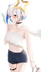 Rule 34 | 1girl, absurdres, alternate costume, amane kanata, bag, bare arms, black choker, blue hair, blue shorts, blush, camisole, choker, closed mouth, colored inner hair, commentary request, cowboy shot, cropped shirt, feathered wings, grey hair, halo, hand up, highres, holding, holding bag, hololive, index finger raised, midriff, mini wings, multicolored hair, o-ring, o-ring choker, o-ring thigh strap, one eye closed, paper bag, pink hair, purple eyes, shirt, short hair, short shorts, shorts, simple background, sleeveless, sleeveless shirt, smallpine 7, smile, solo, standing, star halo, streaked hair, thigh strap, virtual youtuber, white background, white camisole, white wings, wings, yellow halo