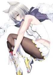 Rule 34 | 1girl, animal ears, breasts, camisole, cat ears, chest jewel, daive, highres, jacket, looking at viewer, medium breasts, mio (xenoblade), short hair, simple background, skirt, solo, tank top, white camisole, white hair, white jacket, white skirt, white tank top, xenoblade chronicles (series), xenoblade chronicles 3, yellow eyes