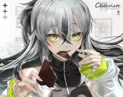 Rule 34 | 1girl, a0lp, bare shoulders, black hair, candy, chocolate, chocolate bar, commission, eating, fate/grand order, fate (series), food, green eyes, grey hair, hair between eyes, highres, holding, jacket, long hair, looking at viewer, multicolored clothes, multicolored hair, multicolored jacket, nagao kagetora (fate), pixiv commission, portrait, shirt, smile, solo, two-tone hair, two-tone jacket, uesugi kenshin (fate), uesugi kenshin (second ascension) (fate), white jacket