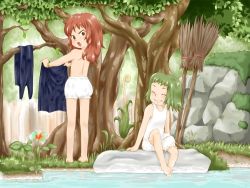 Rule 34 | angry, barefoot, bloomers, broom, child, flower, ohyo, sitting, soaking feet, tree, underwear, water, witch