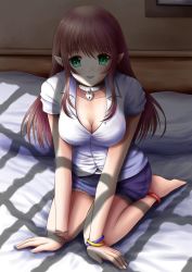 Rule 34 | 1girl, all fours, barefoot, bed, breasts, brown hair, buttons, choker, cleavage, commission, elf, feet, female focus, full body, green eyes, hair between eyes, heart, ilolamai, jewelry, long hair, looking at viewer, medium breasts, original, padlock, padlocked collar, pillow, pointy ears, purple skirt, shadow, shadowed, shirt, skirt, slave, smile, solo, white shirt
