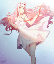 Rule 34 | 10s, 1girl, anson jun, artist name, breasts, cleavage, cowboy shot, darling in the franxx, dated, dress, green eyes, highres, horns, long hair, medium breasts, open mouth, pink hair, ribbon, signature, solo, strap slip, white dress, wind, zero two (darling in the franxx)