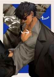 Rule 34 | 1boy, absurdres, black coat, black hair, black pants, black straps, blue background, cigarette, coat, collared shirt, cowboy shot, cross, from side, grey shirt, hair between eyes, highres, looking to the side, male focus, nicholas d. wolfwood, open clothes, pants, pectorals, shirt, short hair, simple background, smoke, smoking, solo, sunglasses, trigun, trigun stampede, two-tone background, white background, yohiyosssan