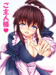 Rule 34 | 1girl, :3, artist name, blush, breasts, brown hair, cleavage, covered erect nipples, half-closed eyes, hanging breasts, highres, large breasts, leaning forward, long hair, looking at viewer, maid, open mouth, original, pointing, pointing at viewer, ponytail, purple eyes, signature, slit pupils, smile, solo, tongue, zephid