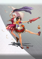 Rule 34 | 2girls, bad id, bad pixiv id, bare legs, bomb, closed umbrella, cone horns, dress, explosive, fang, fang out, fangs, feathers, grey horns, hand on own face, highres, horns, jizou, kijin seija, kishin sagume, lantern, miracle mallet, multicolored hair, multiple girls, red eyes, sandals, short dress, single wing, touhou, two-tone hair, umbrella, white hair, wings, yossu?