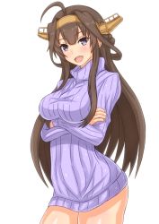 Rule 34 | 1girl, alternate costume, blush, brown hair, double bun, hair between eyes, headgear, kantai collection, kongou (kancolle), linfa (futari midara), long hair, looking at viewer, open mouth, purple sweater, simple background, solo, sweater, white background