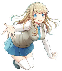 Rule 34 | 1girl, :d, black footwear, blue eyes, blue neckwear, blue skirt, blush, braid, breasts, collared shirt, commentary request, dress shirt, full body, kurata rine, light brown hair, loafers, long hair, long sleeves, looking at viewer, medium breasts, open mouth, original, outstretched arm, pleated skirt, shirt, shoes, simple background, skirt, smile, solo, sweater vest, thighhighs, white background, white shirt, white thighhighs