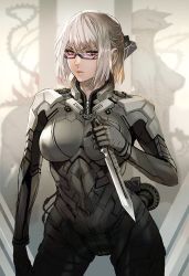 bodysuit breasts brown_eyes glasses gloves hair_ornament knife looking_at_viewer maeshima_shigeki multiple_girls original short_hair weapon white_hair