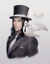 Rule 34 | 1boy, alternate costume, bird, black eyes, black hair, character name, cropped torso, english text, engrish text, formal, foxvulpine, hattori (one piece), looking at viewer, male focus, medium hair, one piece, pigeon, ranguage, rob lucci, simple background, solo, white background
