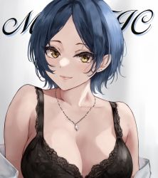 Rule 34 | 1girl, bad id, bad twitter id, black bra, blue hair, blush, bra, breasts, cleavage, collarbone, dark blue hair, earrings, hayami kanade, highres, idolmaster, idolmaster cinderella girls, jewelry, lace, lace-trimmed bra, lace trim, lamp p9, large breasts, light smile, looking at viewer, necklace, parted bangs, parted lips, short hair, simple background, solo, stud earrings, underwear, upper body, white background