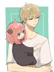 Rule 34 | 1boy, 1girl, anya (spy x family), blue eyes, blush, carrying, child, child carry, dress, father and daughter, green eyes, hairpods, parted lips, pink hair, porucheee, shirt, short sleeves, sleeves past elbows, spy x family, t-shirt, twilight (spy x family)