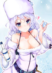 Rule 34 | 1girl, :3, aqua eyes, avrora (azur lane), azur lane, bare shoulders, belt, blush, braid, breasts, cleavage, closed mouth, coat, collarbone, commentary request, curly hair, detached sleeves, fur-trimmed coat, fur trim, halterneck, hat, heart, high belt, holding, large breasts, lavender coat, light purple hair, long hair, long sleeves, looking at viewer, loose belt, no bra, raised eyebrows, smile, snowflakes, solo, spaghetti strap, split mouth, tetsuhige, twin braids, upper body, very long hair, white hat, wide sleeves, winter clothes, winter coat