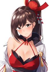 Rule 34 | 1girl, azur lane, blush, breasts, brown eyes, brown hair, cleavage, closed mouth, commentary request, cowboy shot, dress, gen (gen 7254), hair ornament, highres, japanese clothes, large breasts, long hair, looking at viewer, ponytail, smile, solo, upper body, very long hair, wide sleeves, zuikaku (azur lane)