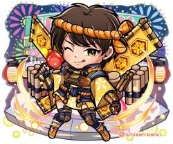 Rule 34 | 1girl, animification, apex legends, artist name, black gloves, black thighhighs, brown eyes, brown hair, candy apple, chibi, clenched hand, fingerless gloves, fireworks, flag, food, gloves, hair behind ear, holding, holding food, ichizen keiki, japanese clothes, kimono, lantern, licking lips, omatsuri fury valkyrie, orange footwear, orange shorts, shoes, short hair, shorts, smile, sneakers, solo, thighhighs, tongue, tongue out, valkyrie (apex legends), yellow kimono