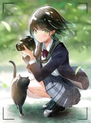 Rule 34 | 1girl, :o, black bow, black jacket, blurry, blurry background, blush, bow, bowtie, brown hair, camera, camera around neck, cat, collared shirt, ear ornament, earrings, feathers, floating hair, green eyes, highres, holding, holding camera, jacket, jewelry, knees, light blush, loafers, long sleeves, looking at viewer, open clothes, open jacket, open mouth, original, outdoors, plaid, plaid skirt, pleated skirt, shirt, shirt tucked in, shoes, short hair, single-lens reflex camera, skirt, socks, solo, squatting, stud earrings, viewfinder, white shirt, yukimaru nun