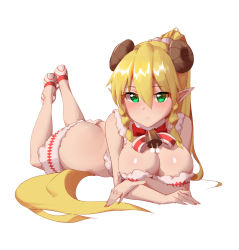 Rule 34 | 1girl, :o, absurdres, alternate costume, ass, bare arms, bare shoulders, bell, blonde hair, blush, bow, bowtie, braid, breasts, butt crack, chou shippai-saku, cleavage, commentary request, cowbell, crop top, foreshortening, full body, fur collar, green eyes, hair between eyes, hair ornament, hair scrunchie, highres, horns, large breasts, leafa, legs up, long hair, looking at viewer, lying, nail polish, no socks, on stomach, parted lips, pink nails, pointy ears, ponytail, revision, scrunchie, shiny skin, shoes, side braid, simple background, solo, striped bow, striped bowtie, striped clothes, striped neckwear, sword art online, the pose, tsurime, twin braids, very long hair, white background, white footwear