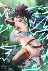 Rule 34 | 1girl, arm guards, armor, backless outfit, barbarian, bare shoulders, black hair, boots, bracelet, breasts, commission, cosplay, emanon123, fake horns, grey eyes, hair ornament, hairband, highres, hikinomiya komori, holding, holding weapon, horns, indie virtual youtuber, jewelry, kirin (armor), large breasts, loincloth, long hair, looking at viewer, monster hunter (series), navel, open mouth, pelvic curtain, ponytail, revealing clothes, skeb commission, solo, stomach, thighhighs, tribal, virtual youtuber, warrior, weapon